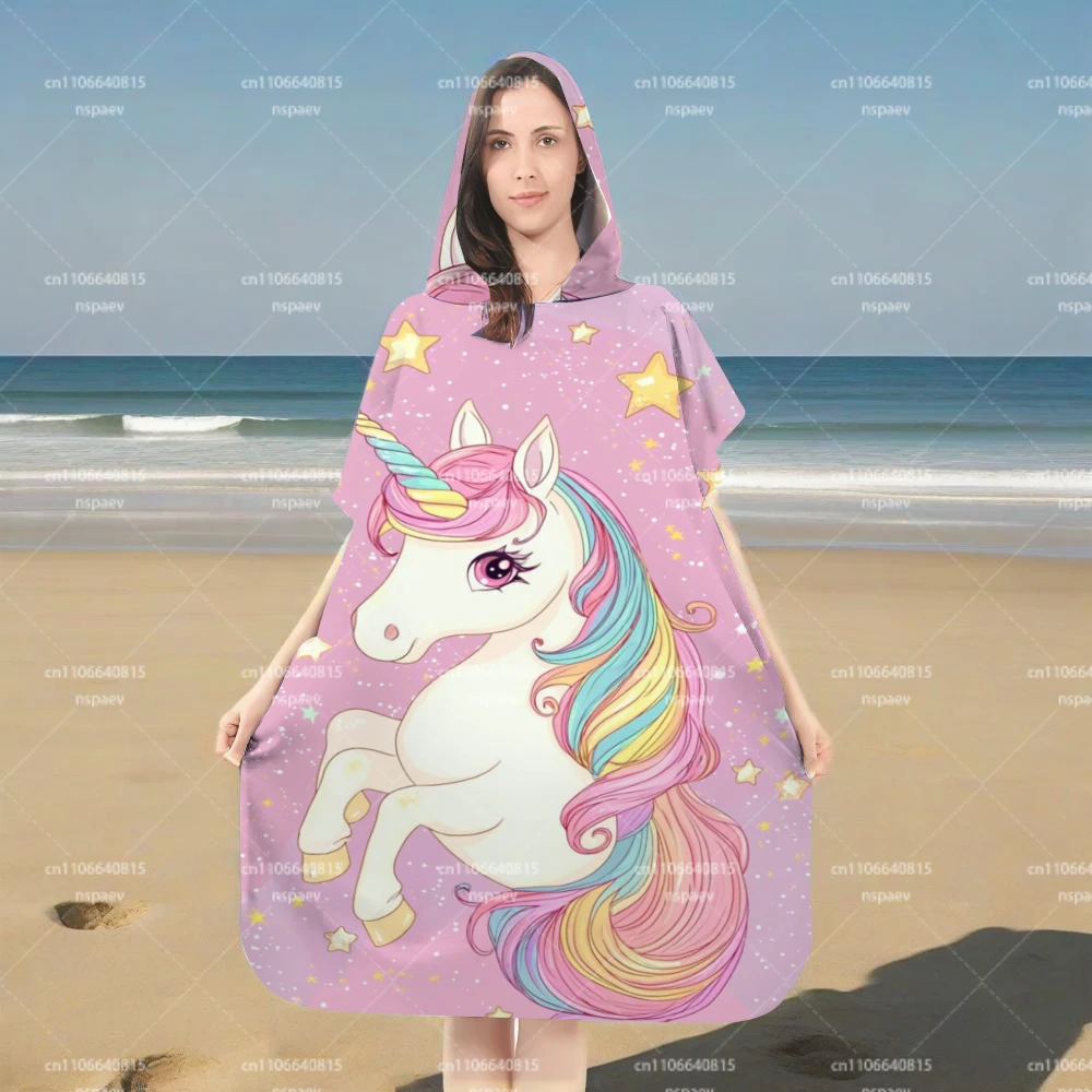 Cute Pink Unicorn Star Hooded Bath Robe with Snap Buttons for Women & Kids, Soft Absorbent Wearable Bath Towel for Shower Spa view 2