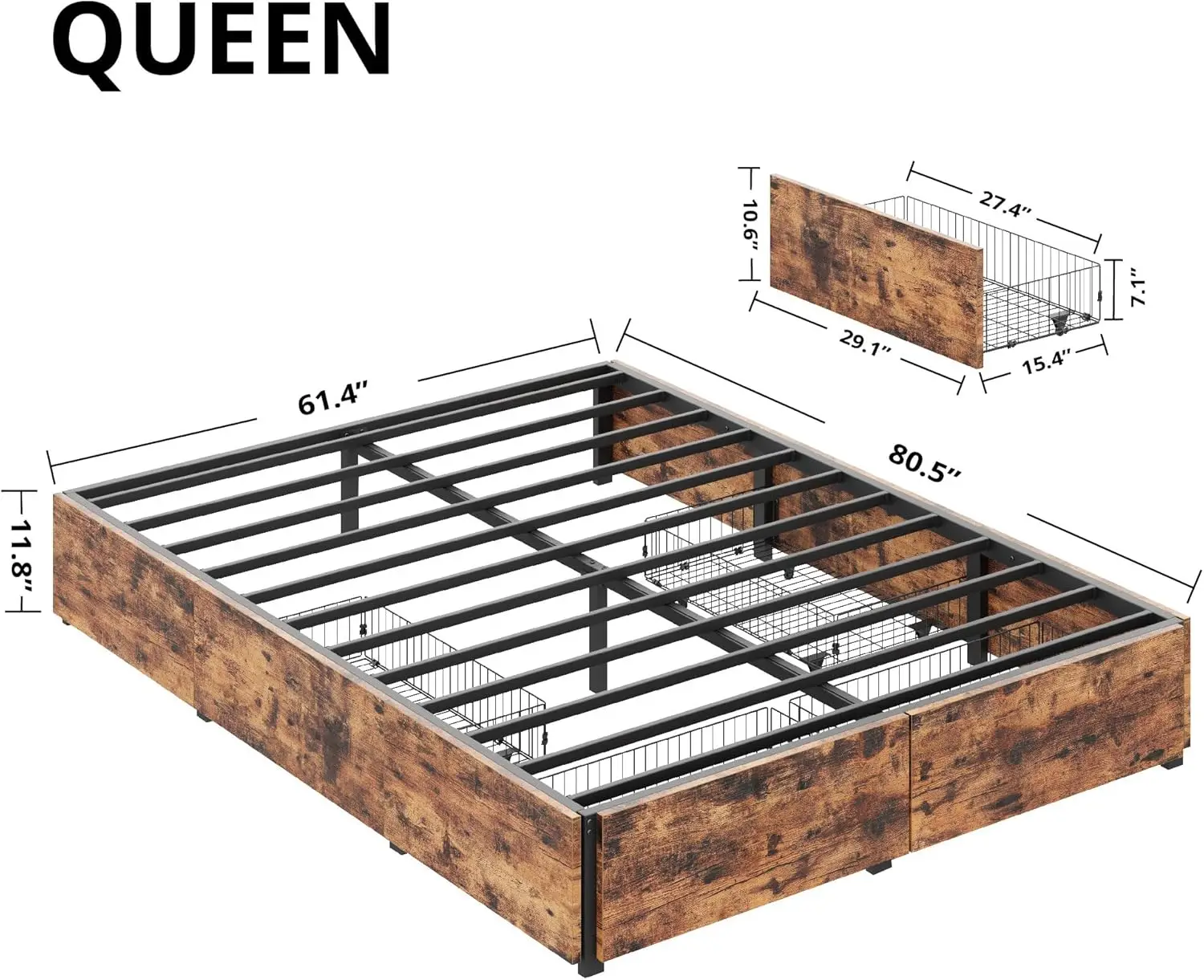 Likimio Queen Bed Frame With Storage, Four Drawers And Heavy Strong Metal Support Frames, Solid Stable, Noise-Free, No Box