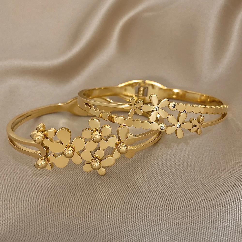 18K Gold Plated Flower Opening Cuff Bracelet Bangles For Women Men New Chic Stainless Steel Stacked Party Jewelry Gifts