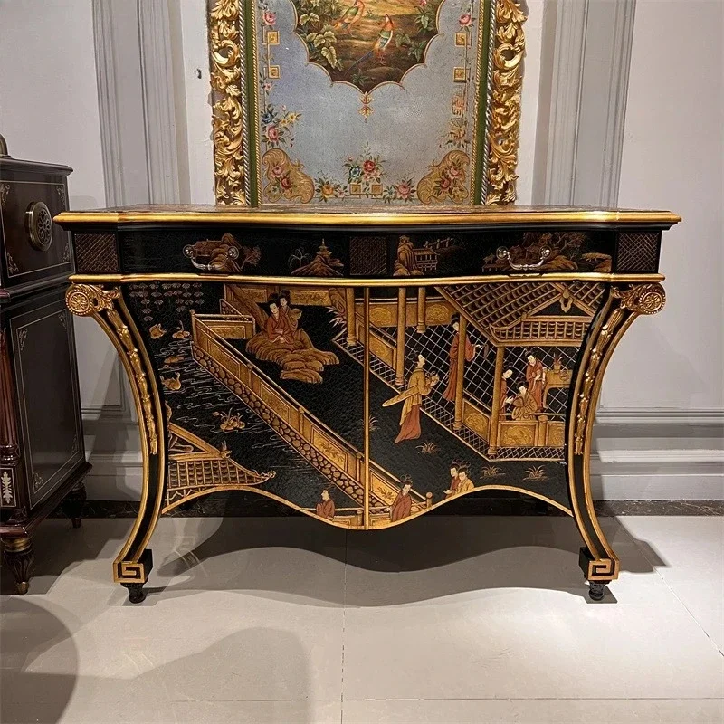 

Medieval Entrance Cabinet European Crack Lacquer Side Cabinet Solid Wood Locker Hand Painted Stacked Foyer Cabinet