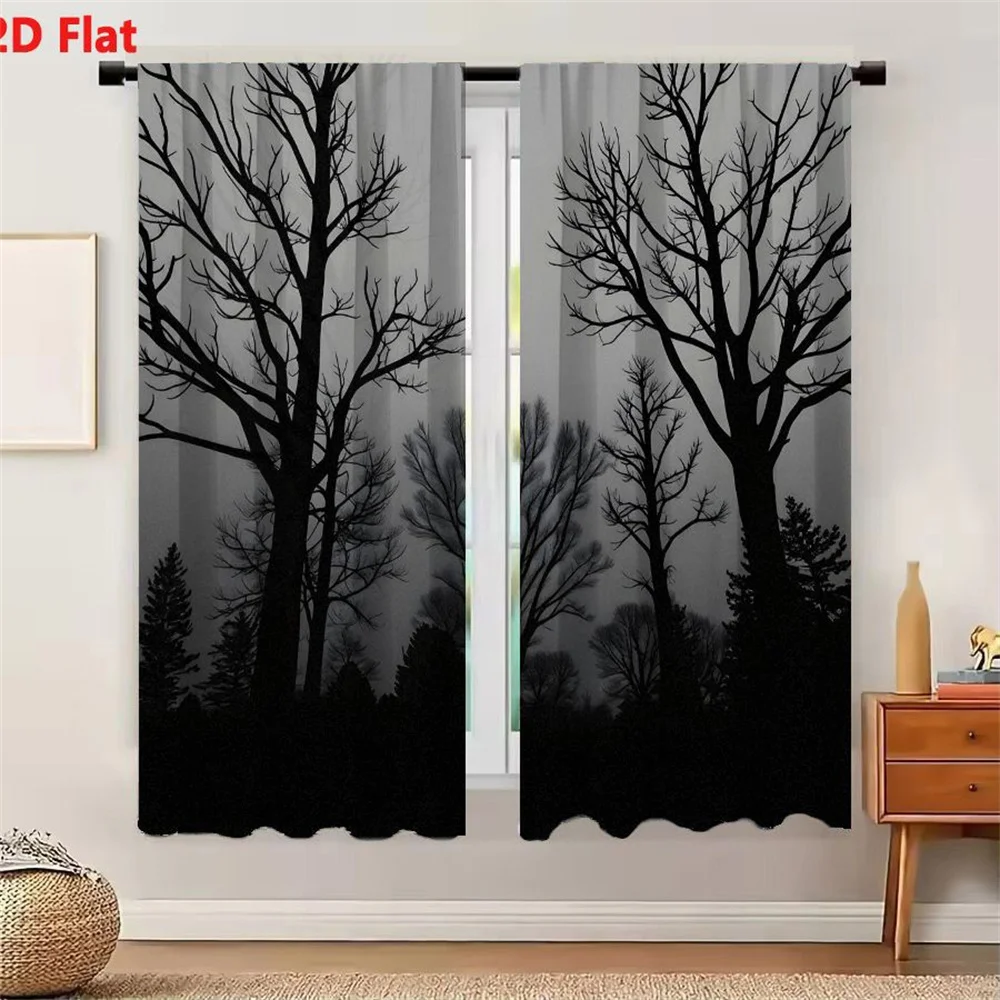 2Pcs Curtains Monochromatic Winter Landscape With Bare Trees And Evergreens Window Drapes for Bedroom Room Decor Decoration Wind