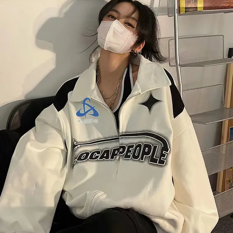 Vintage Women Oversized Sweatshirts 2023 Autumn Letter Print Zipper Jacket Caots Korean Streetwear Trend Y2K Female Hoodies Tops