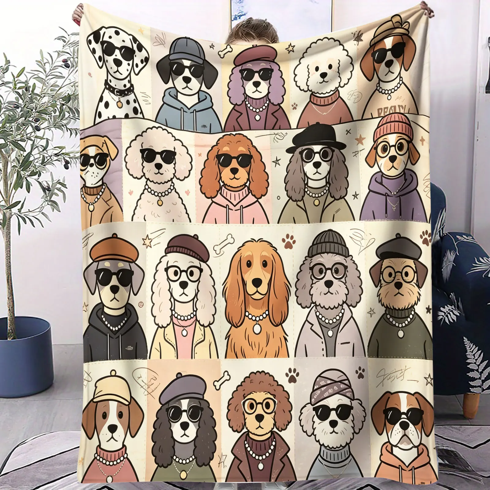 Cartoon Puppy Patchwork Throw Blanket Fashion Dogs Print Soft Flannel Microfiber Cozy Blanket for Bedroom Sofa Travel Camping
