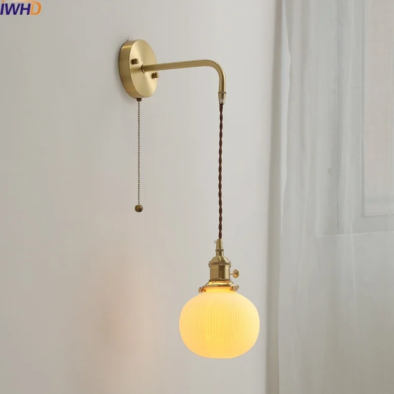 

IWHD Modern Style LED Wall Lamp Ceramic Copper Balcony Bedroom Living Room Pull Chain Switch Bathroom Mirror Lights Fixtures