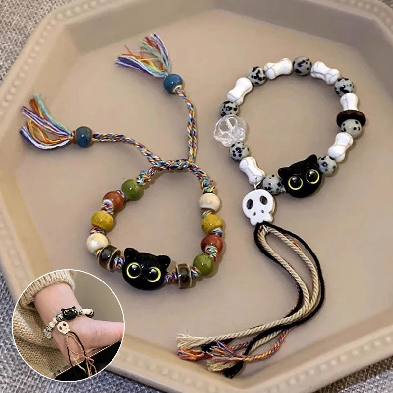 Ceramic Big Eye Cat Bracelets Fashion Adjustable Size Tassels Braided Rope Bracelet Skull Accessories Hand Jewelry