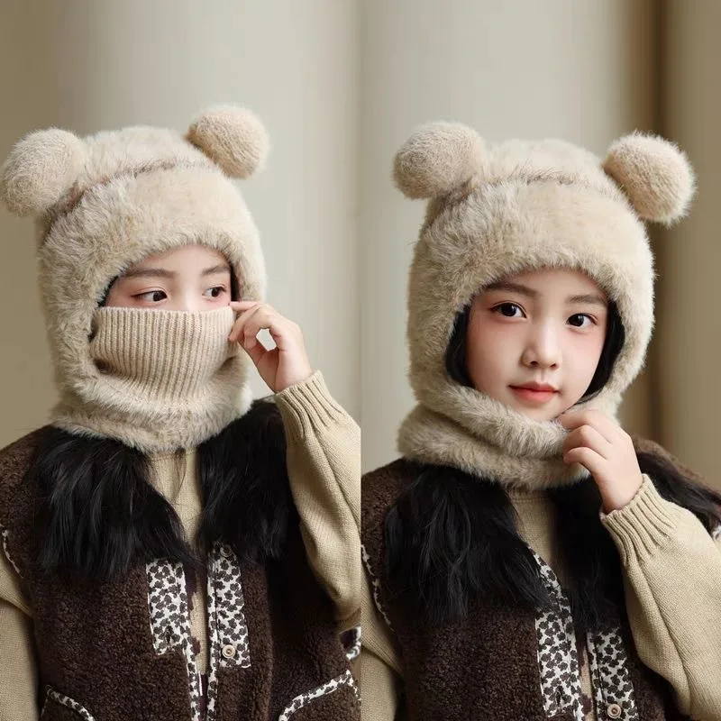 

Детская Балаклава, зимняя шапка, шарф, комплект для детей, плюшевая флисовая защита ушей, ветрозащитный дизайн, универсальное холодное снаряжение для малышей