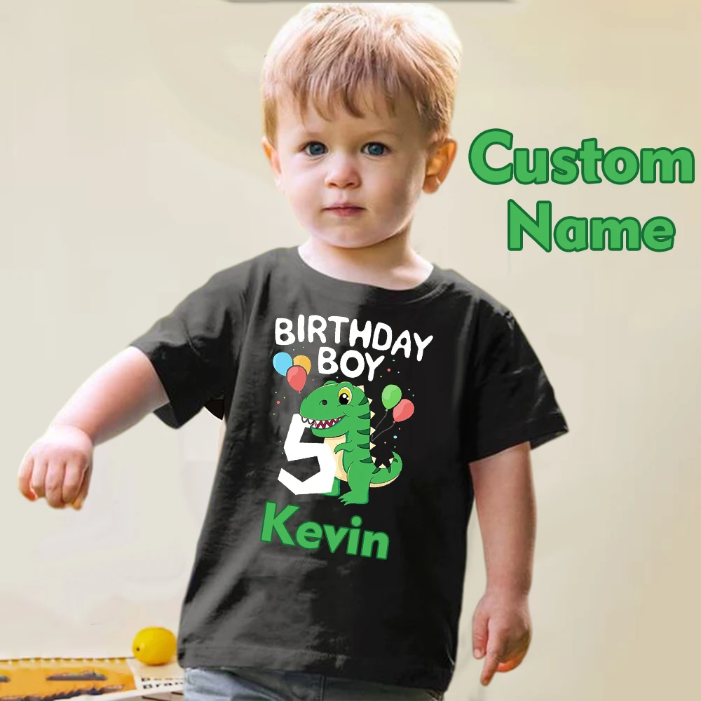 Custom Name Kids Birthday Number 2-8 Cartoon Dinosaur T Shirt Children Happy Birthday Fashion Personalized Boys Girls Tees Gifts