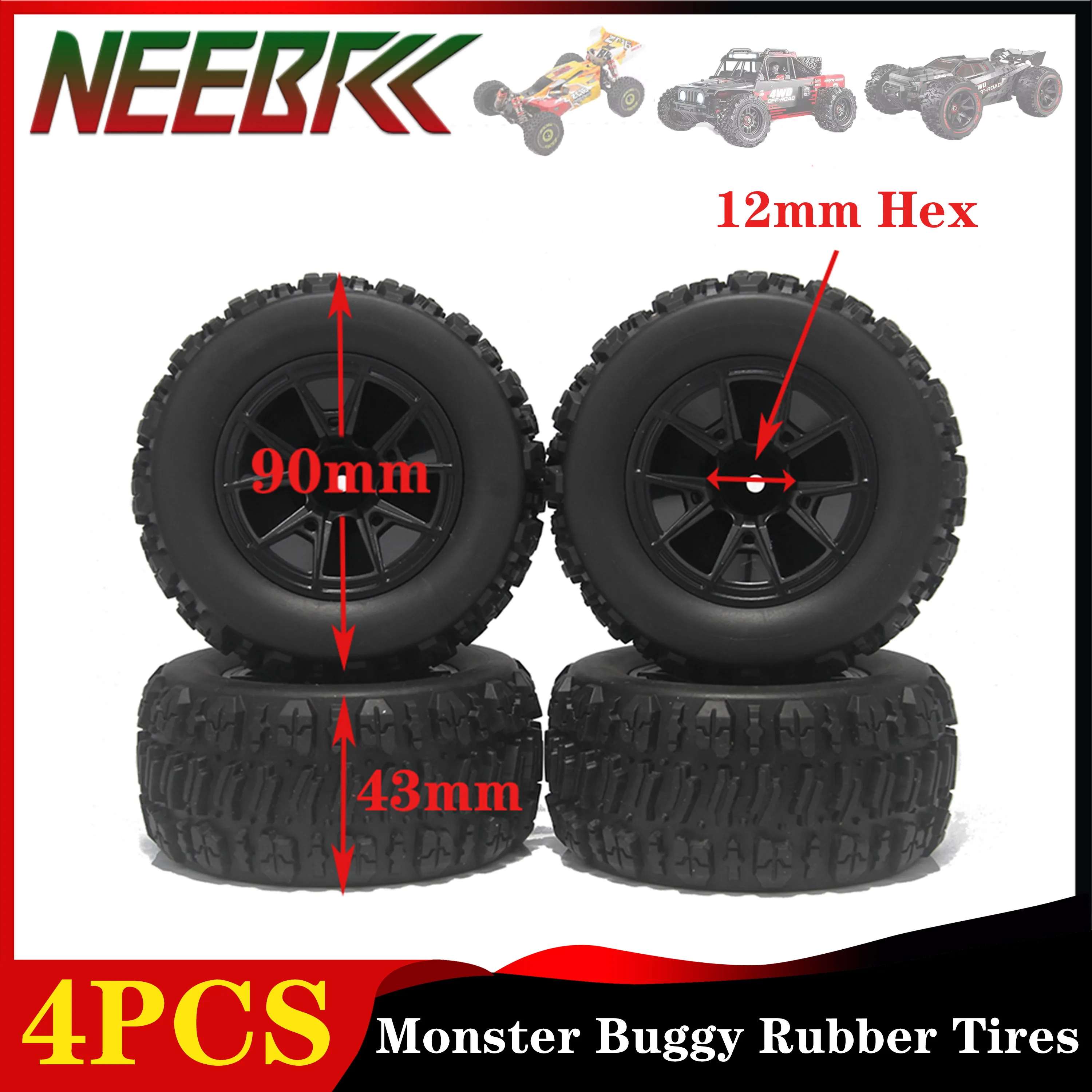 

4PCS 90mm 12mm Hex Monster Buggy Tires Skidproof Rubber Wheel for Wltoys 144010 MJX Hyper Go 14209 14210 RC Car Upgarde Parts