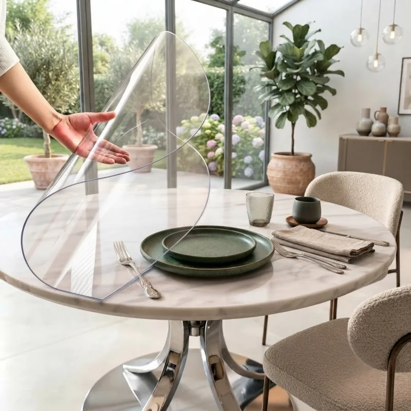 130cm Clear Frosted Round PVC Tablecloth 0.7mm Waterproof Oilproof Table Mat Protector Heat Resistant Cover for Dining Desk view 5