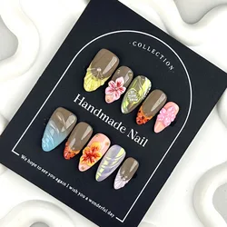 Handmade Press on Nails INS 3D Shell Hand Carved Petals False Nails Wearable Full Cover Aurora Gradient Almond Fake Nail Tips