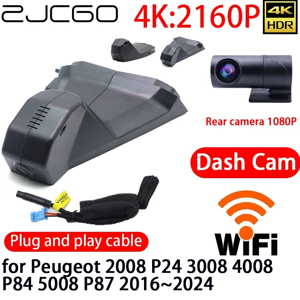 ZJCGO 4K DVR Dash Cam Wifi Front Rear Camera 24h Monitor for Peugeot 2008 P24 3008 4008 P84 5008 P87 2016~2024