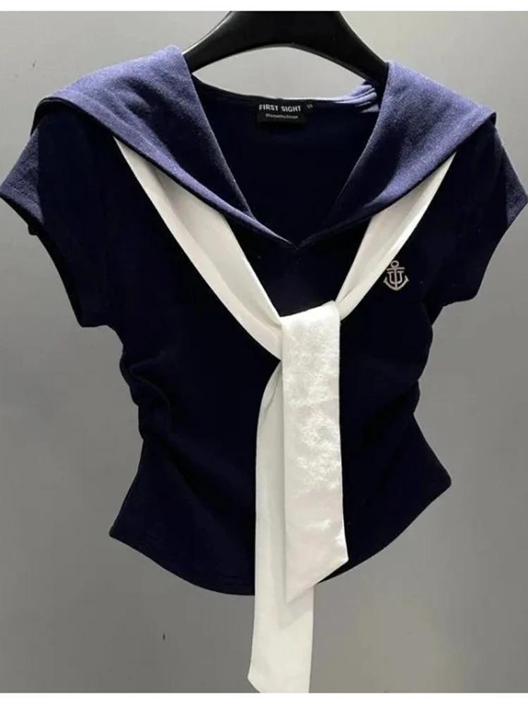 الكورية Preppy نمط المرقعة تي شيرت المرأة الصيف موضة بحار طوق ضمادة سليم تيز أنيقة عادية تونك سيدة بلايز جديد #5