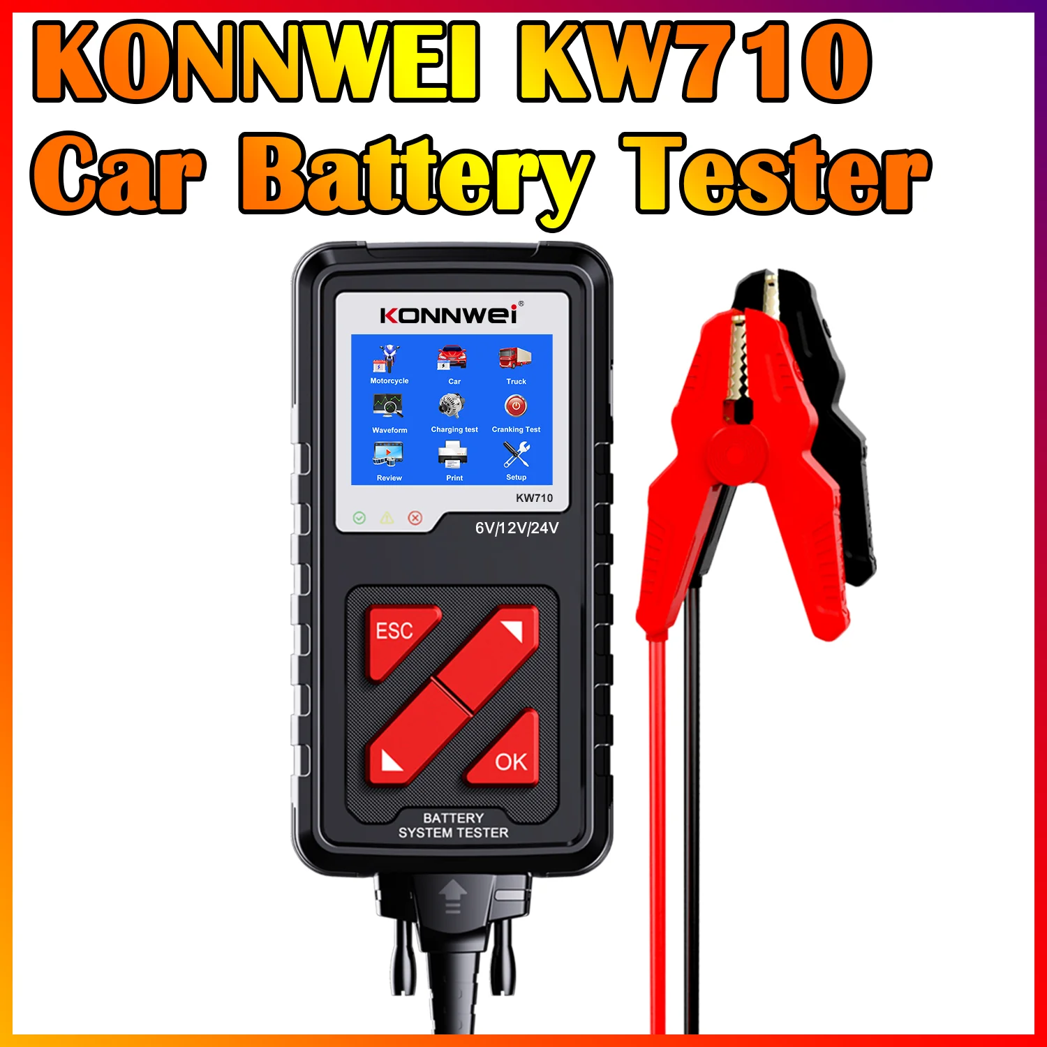 KONNWEI KW710 Car Battery Tester 6V/12V/24V Battery check Analyzer CCA Range 100-2000 Diagnostic Tool with Enhanced clip