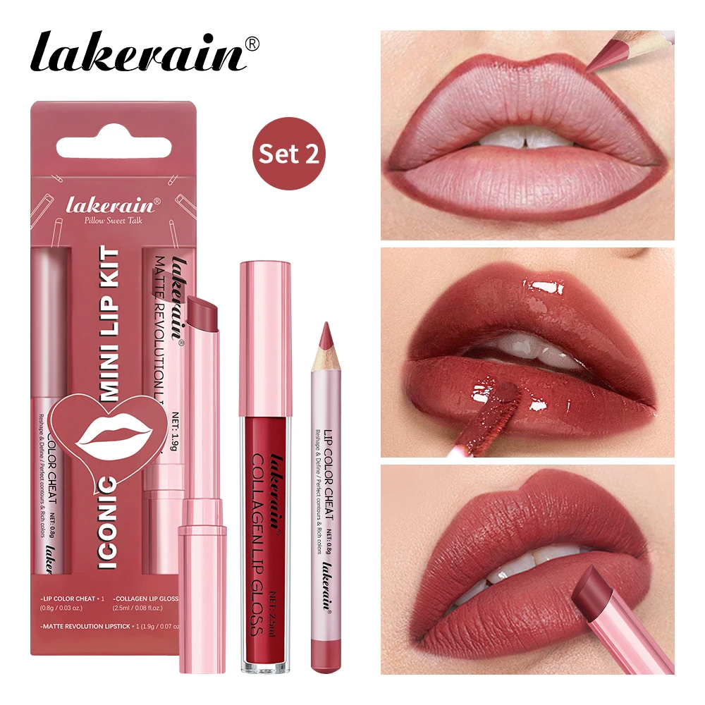 3pcs Mini Lip Makeup Kit Matte Lipstick Lip Liner Pen Collagen Lip Gloss Long Lasting Waterproof Lip Cosmetic Set For Daily Makeup