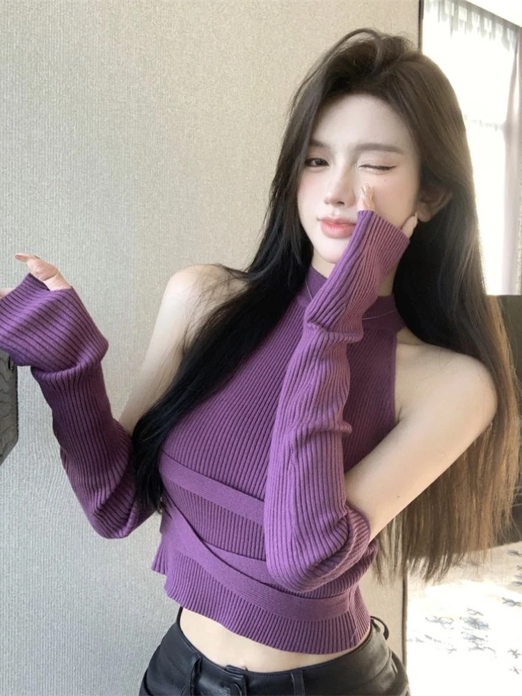 Sexy Sleeveless Knitted Pullovers Women Autumn New Solid Slim Fit Off Shoulder Crop Top Spicy Girls Y2k Sweater Vest