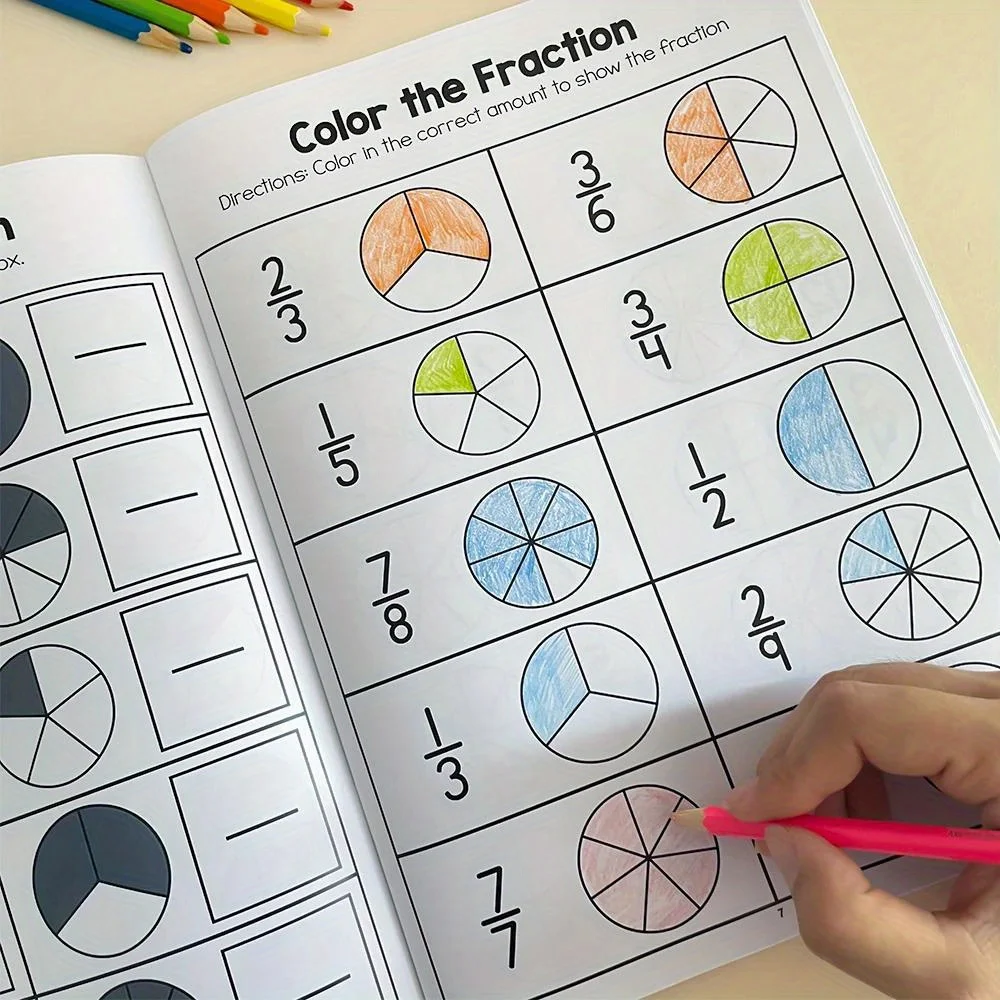 Training Exercise Sheets Math Fraction Workbook Fraction Practice Book Cognitive for Writing & Drawing Fractions for Ages 8-12