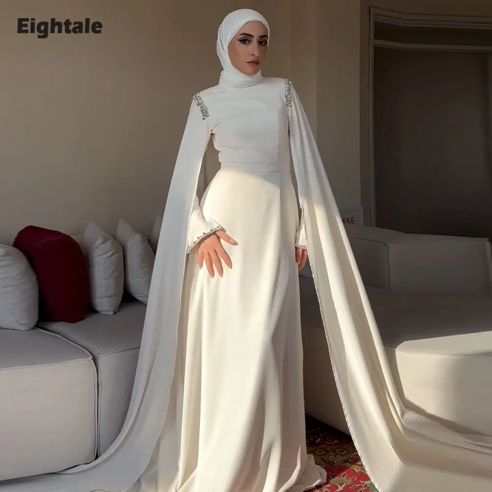 

Eightale арабское свадебное платье со складками по индивидуальному заказу белого цвета слоновой кости с длинными рукавами мусульманское свадебное платье трапециевидной формы атласное вечернее платье невесты