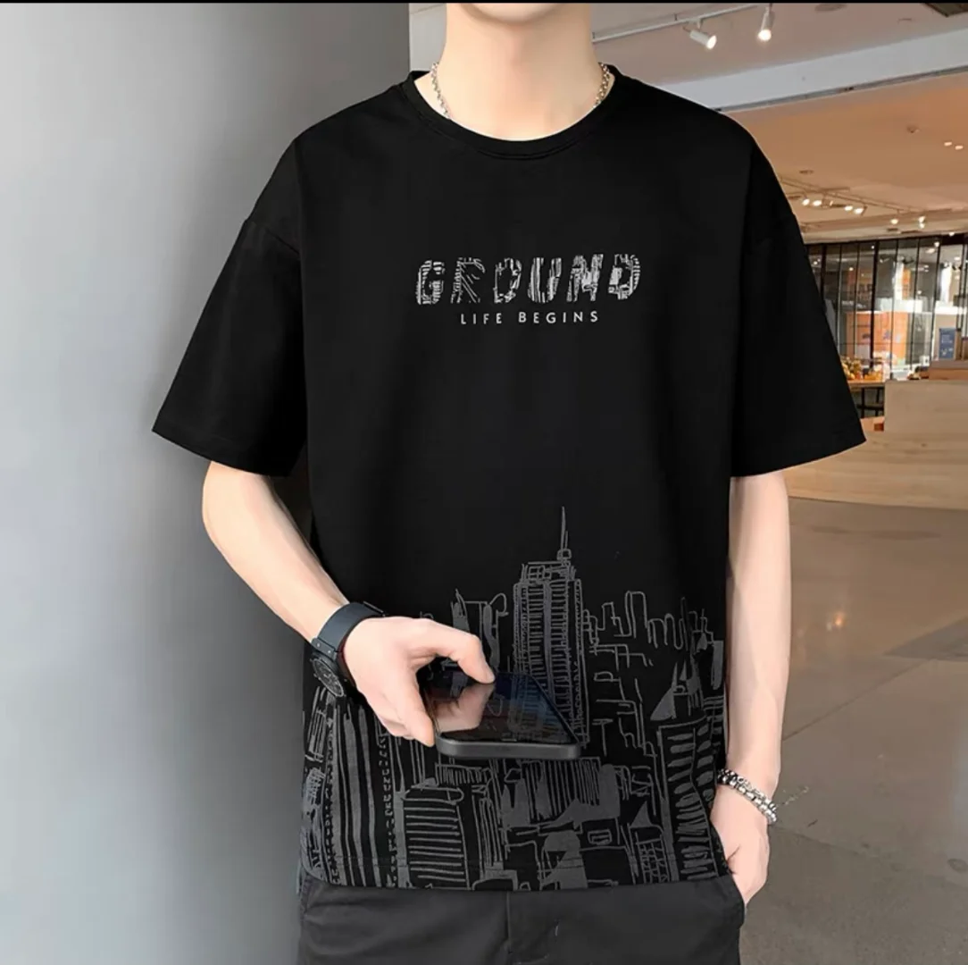 เสื้อยืดผ้าไหมน้ำแข็งสำหรับผู้ชาย แบรนด์แฟชั่นฤดูร้อน ทรงหลวม พิมพ์ลาย ผ้าโพลีเอสเตอร์ แห้งเร็ว