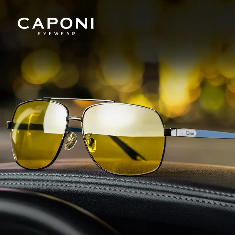 CAPONI Pilot Style Men Sunglasses Night Vision Double Bridge Night Driving Sun Glasses UV400 Photochromic Brown Shades BSYS8002