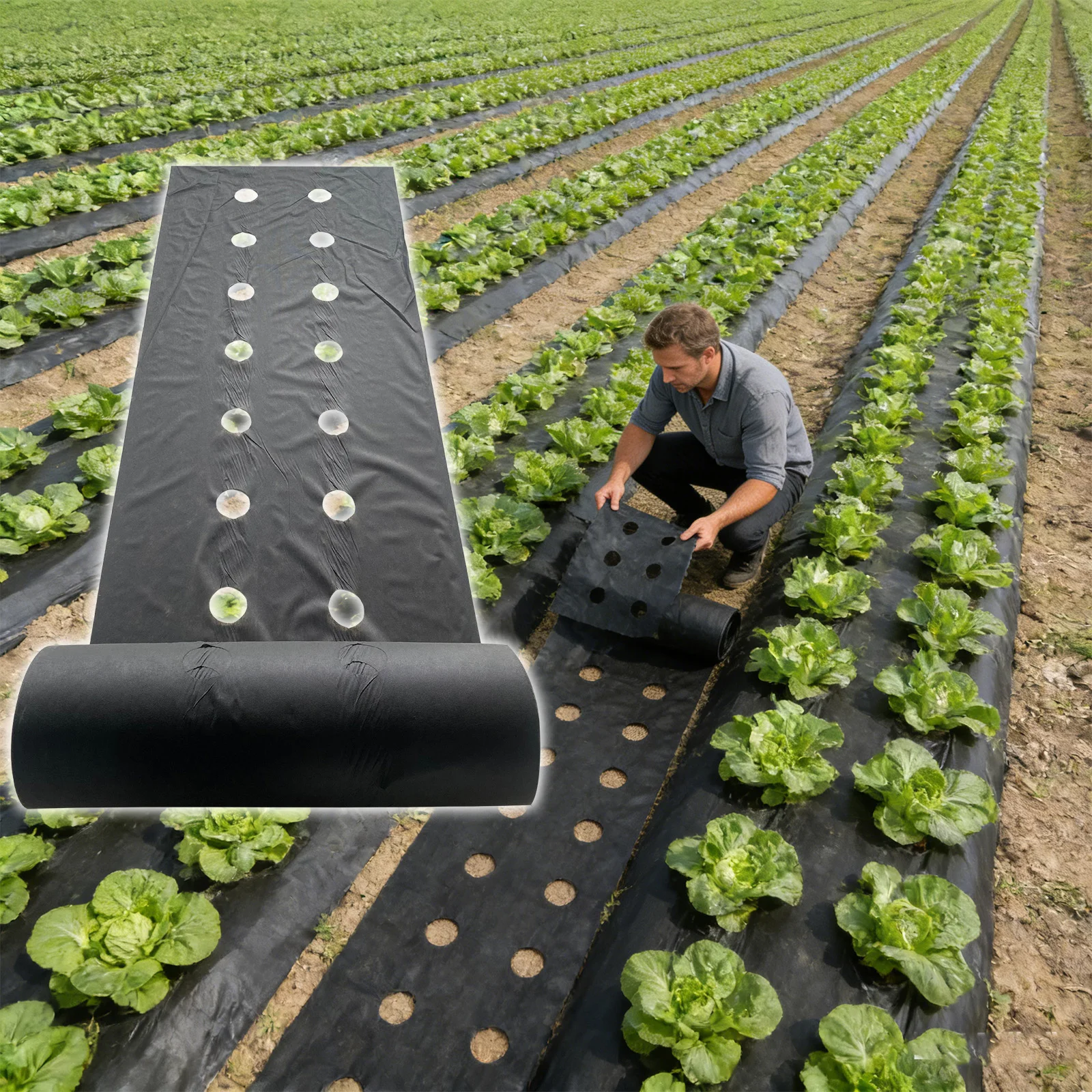 Perforated Weed Barrier Fabric, 0.8 M Wide With Two Holes Per Row, Includes 8 Premium Ground Stakes.