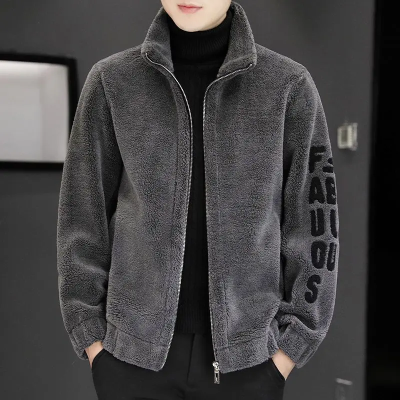 Spring Autumn New Trendy Temperament Handsome Fashion Male Coat Casual Simple Solid Color Loose Warm Lamb Fleece Top Men Clothes