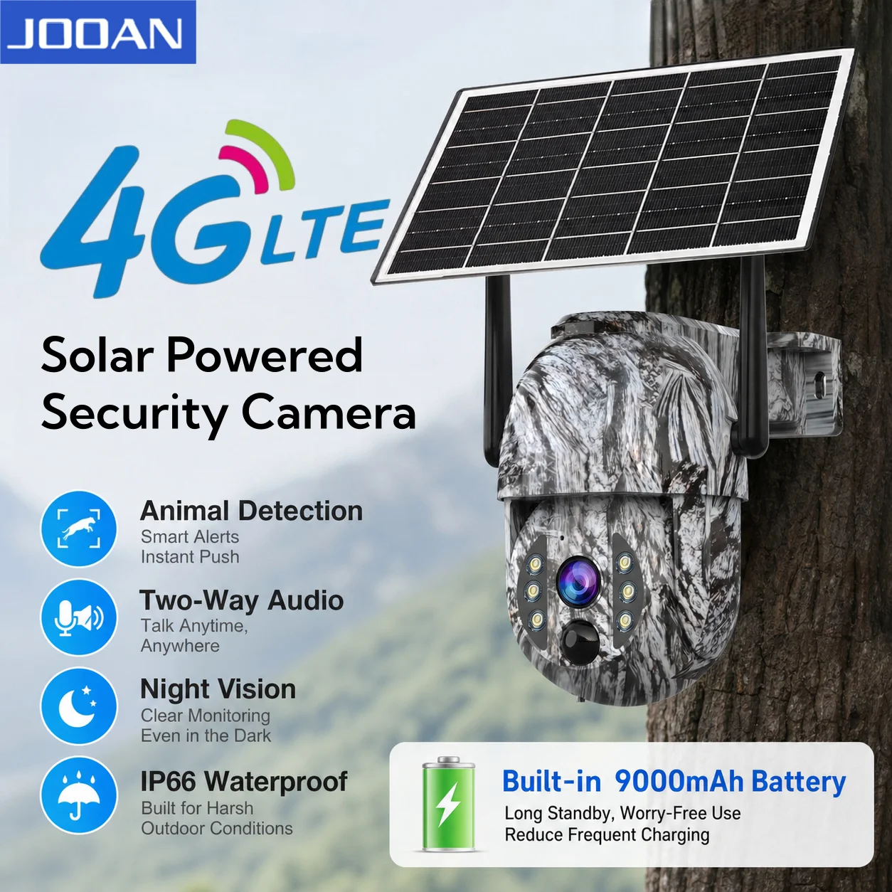 JOOAN 5MP 4MP Wireless PTZ Solar Camera 4G SIM Animal Detection 2-Way Audio Night Vision Security Protection Camera