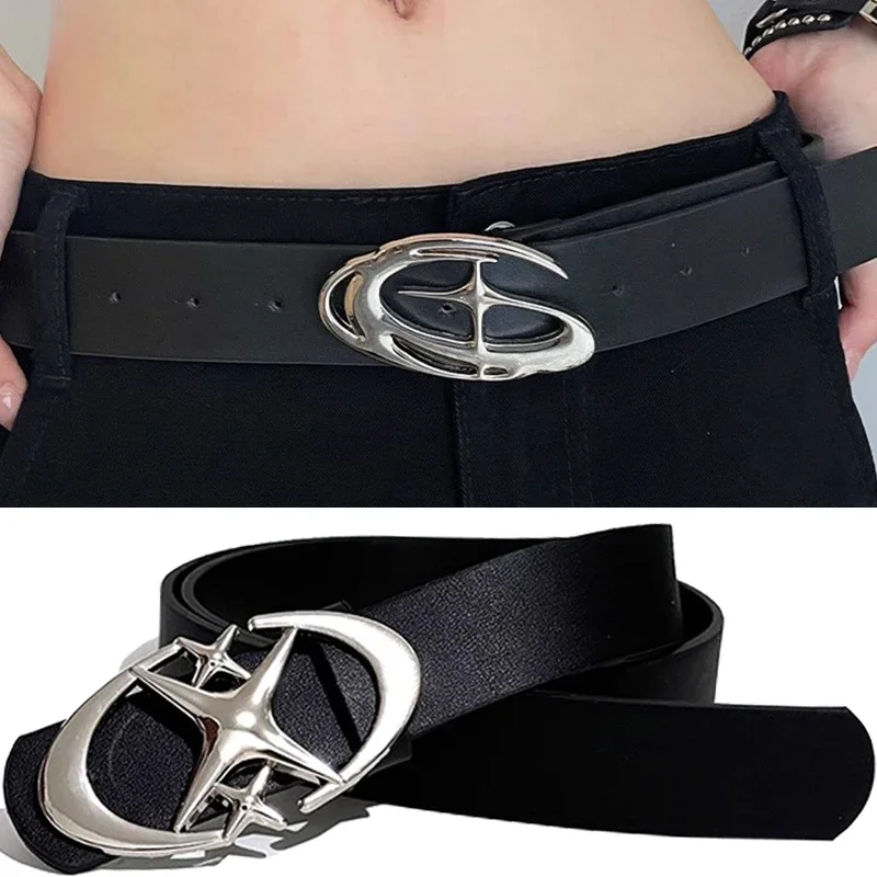 Women Punk Star Buckle Belt Design Cross Metal Vintage Gothic Belt for Men Women Y2K Pu Leather Waistband Pants Jeans Lady Belt