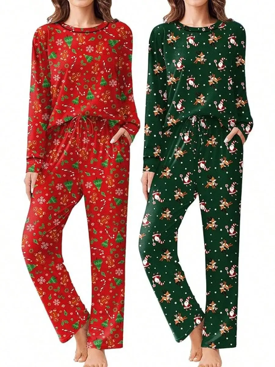 

2 Pack Women Long Sleeve Pajama Set Soft Sleepwear With Pockets S-XXL
