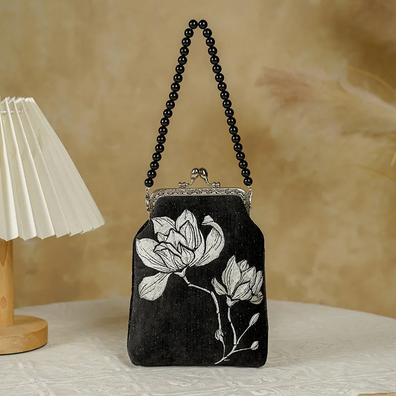 

Женская маленькая размерная блестящая боковая сумка с цепочкой для мобильного телефона с цветочным принтом, викторианская эдвардианская винтажная ретро-шикарная черная сумка на плечо