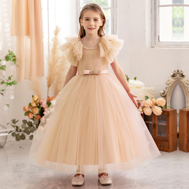 2024 Elegant Princess Lace Dress for Kids Flower Lace Dresses 3-8Yrs Girl Banquet Children Wedding Birthday Party Pink Ball Gown