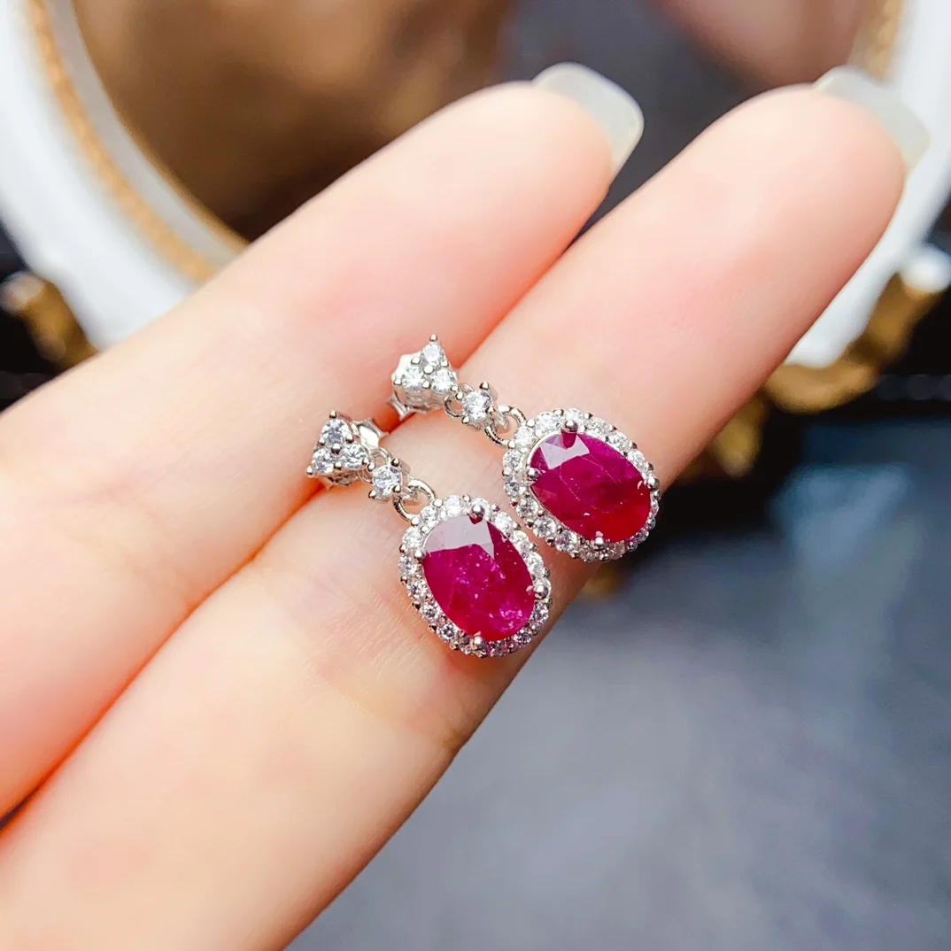 FS S925 Sterling Silver Inlay 5*7mm Natural Ruby Earrings for Women Fine Fashion Charm Weddings Jewelry Certificate MeiBaPJ