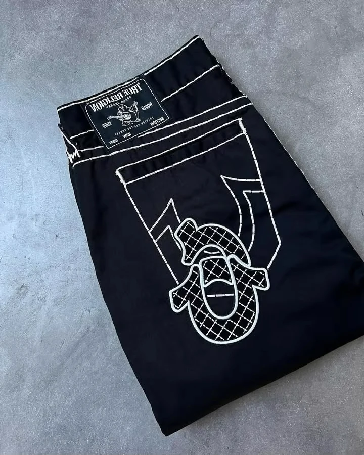 Streetwear Vintage Buddha Jeans Y2K Clothing Men Women Harajuku Hip Hop Pocket Embroidery Baggy Jeans Low Waist Wide Leg Trouser