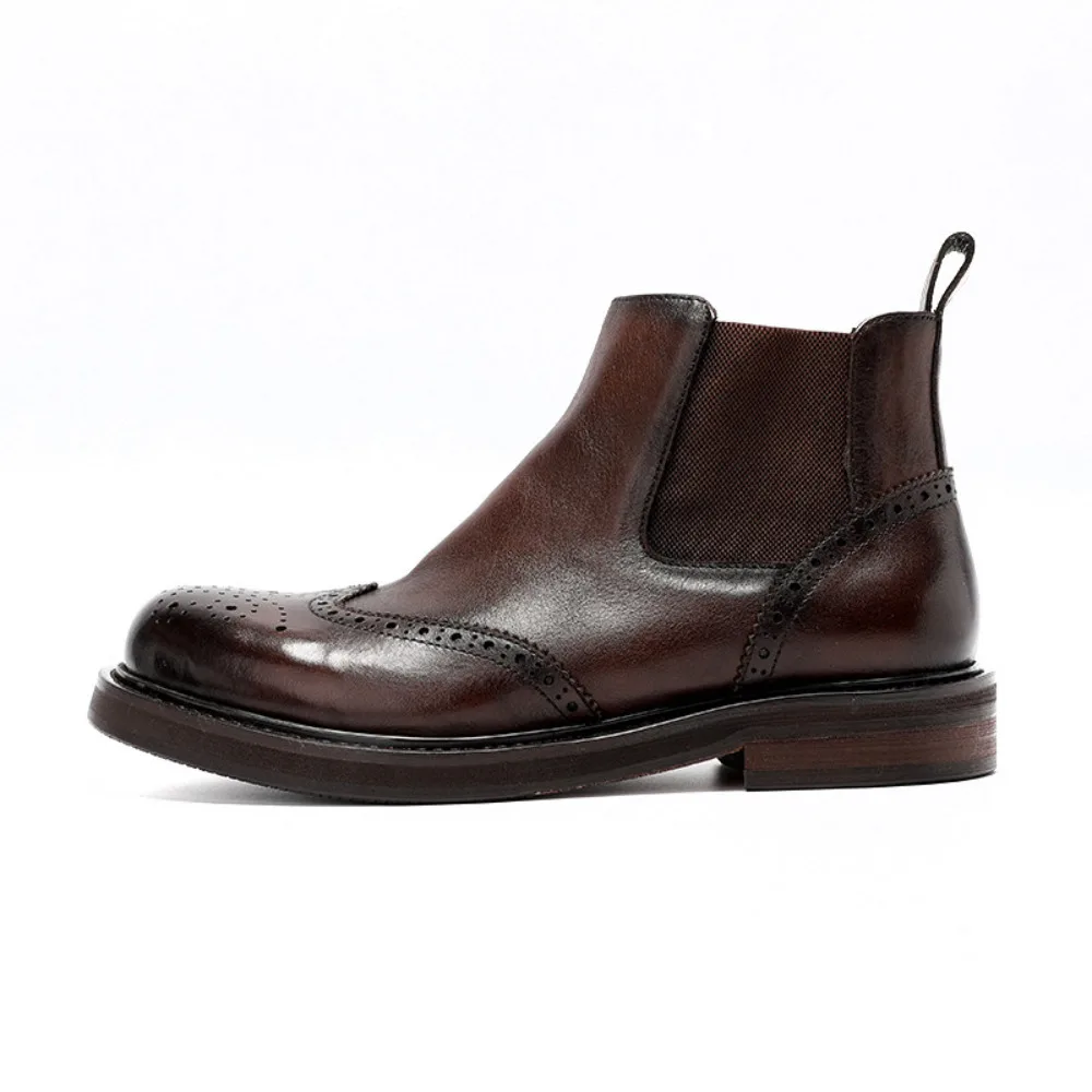 Vintage Washed Genuine Leather Boots For Men Retro British Style Carved Leather Cowboy Boots Durable Casual Mens Ankle Boots