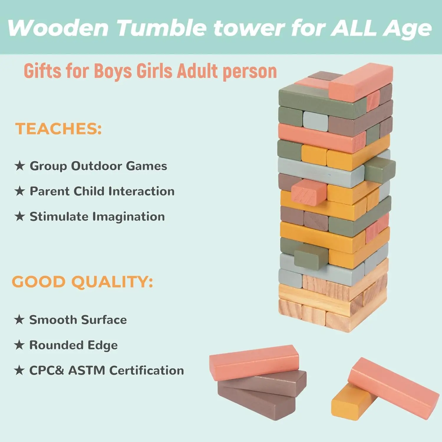 ألعاب تكديس الكتل الخشبية، 48 قطعة من لعبة مكعبات التراص للأطفال والعائلات، كتل موازنة خشبية ملونة مونتيسو