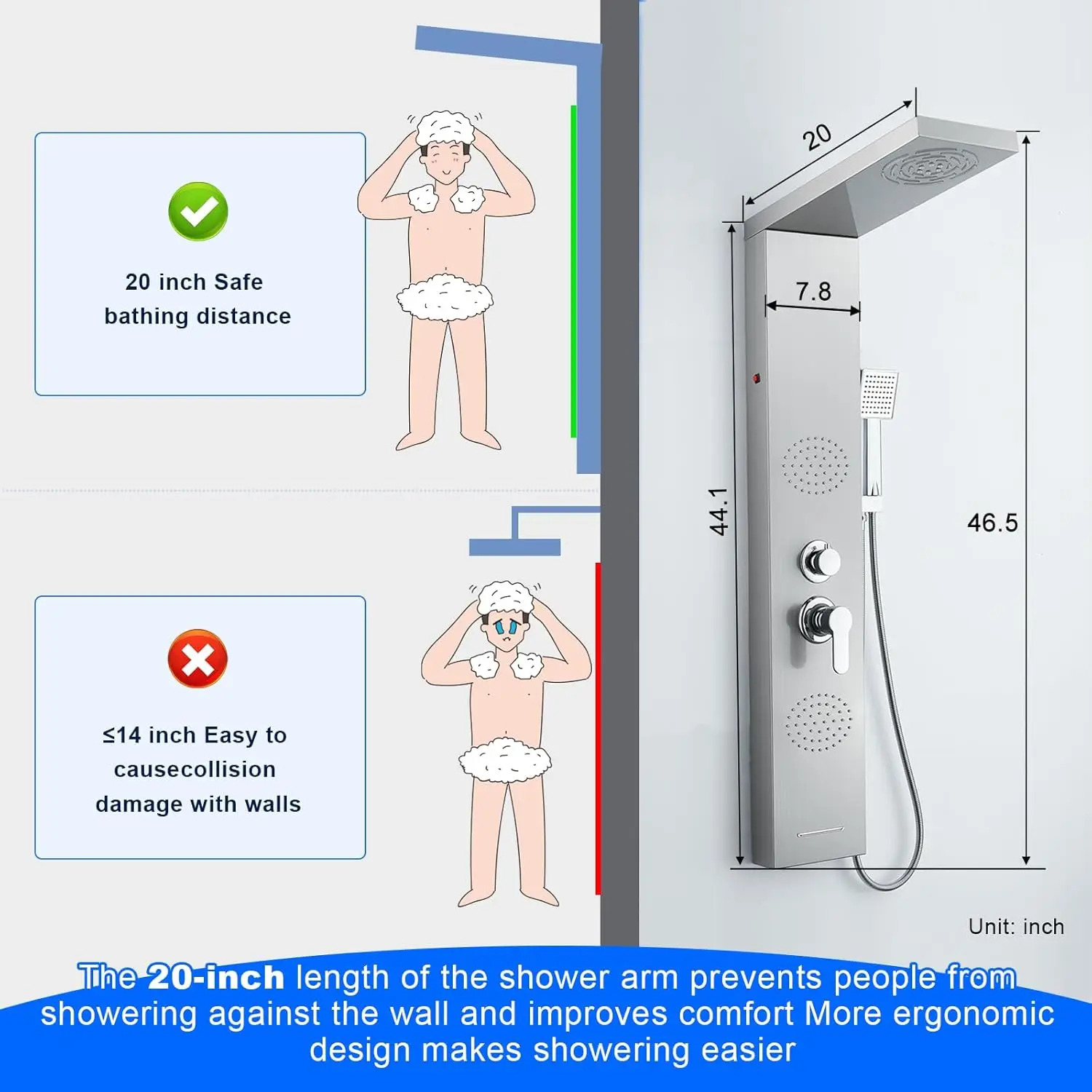 ROVATE 5 IN 1 LED Shower Panel Tower System Mist Rain Bathroom Stainless Steel Column Tub Spout 2 Full Body Massage Jets Brushed