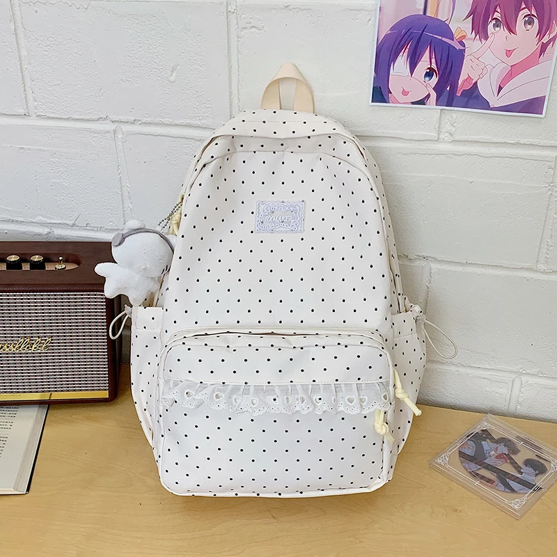 Modischer Rucksack, Damen-Schulrucksack mit Polka-Dot-Muster, süßer Spitzenbesatz, koreanischer leichter Schulrucksack mit großer Kapazität für Mädchen und Studenten – Detail 22