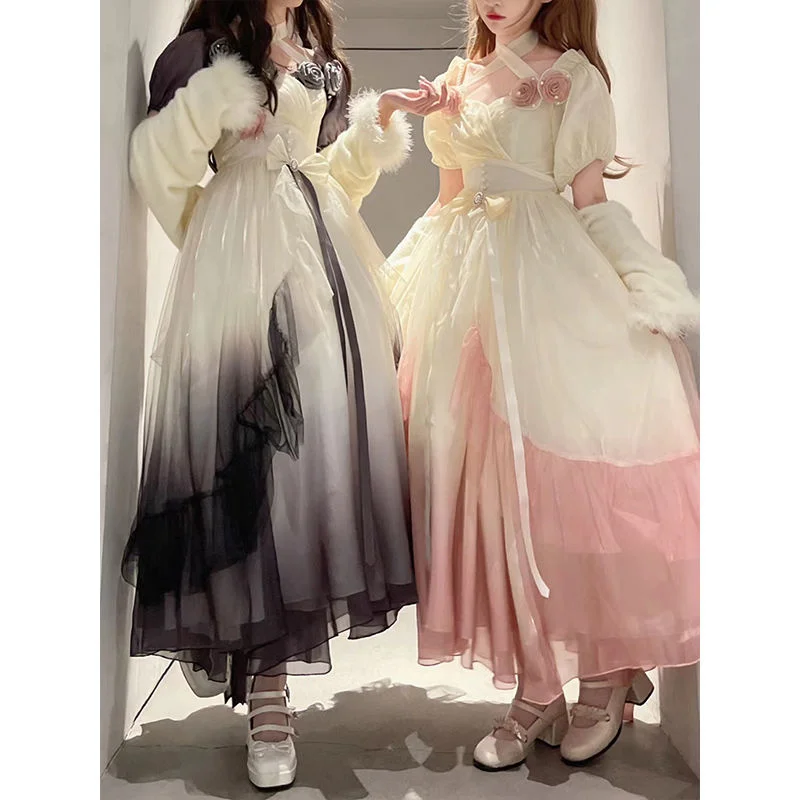 Lolita Girl Dress Mermaid Concubine Gradient 3D Rose Lolita Super Immortal Dress Flower Wedding Princess Skirt