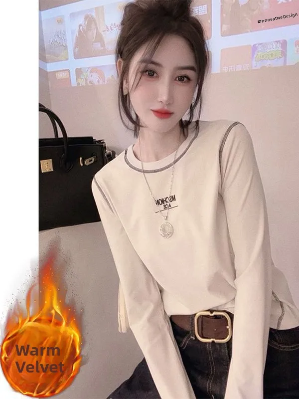 

Модная женская базовая рубашка с длинными рукавами, вышивкой букв и контрастной строчкой, стильный универсальный топ с открытыми плечами, осенняя новинка