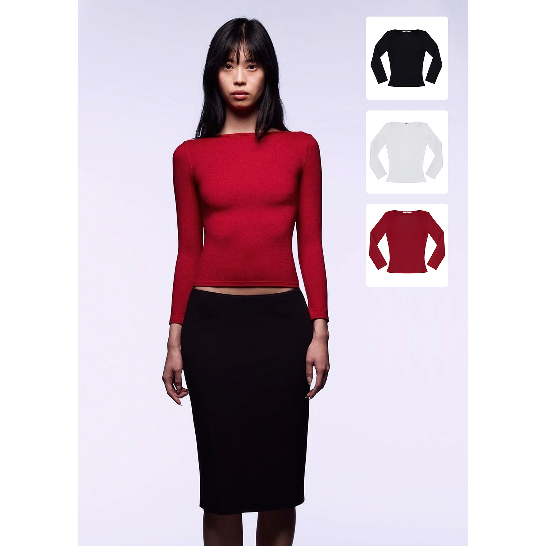 Tank Spring/Summer Cherry Red Long-Sleeved T-Shirt, Tight Multi-Color High-Elasticity Base Layer, Cleanfit Top