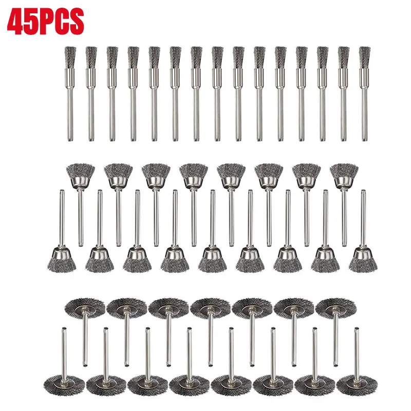 

Polishing Wheel Brush 10pcs 45pcs 2.35/3mm Shank Steel Wire Brushes Set Rotary Tools Mini Drill Deburring Buffing Cleaning Brush