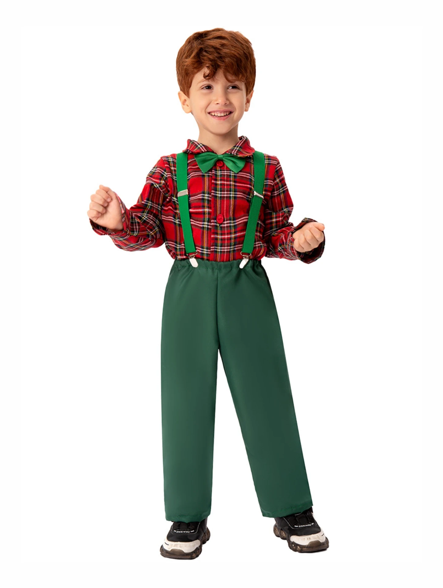 Boy Gentleman Outfit Christmas Plaid Print Button Long Sleeves Shirt Suspender Pants Set Formal Wear