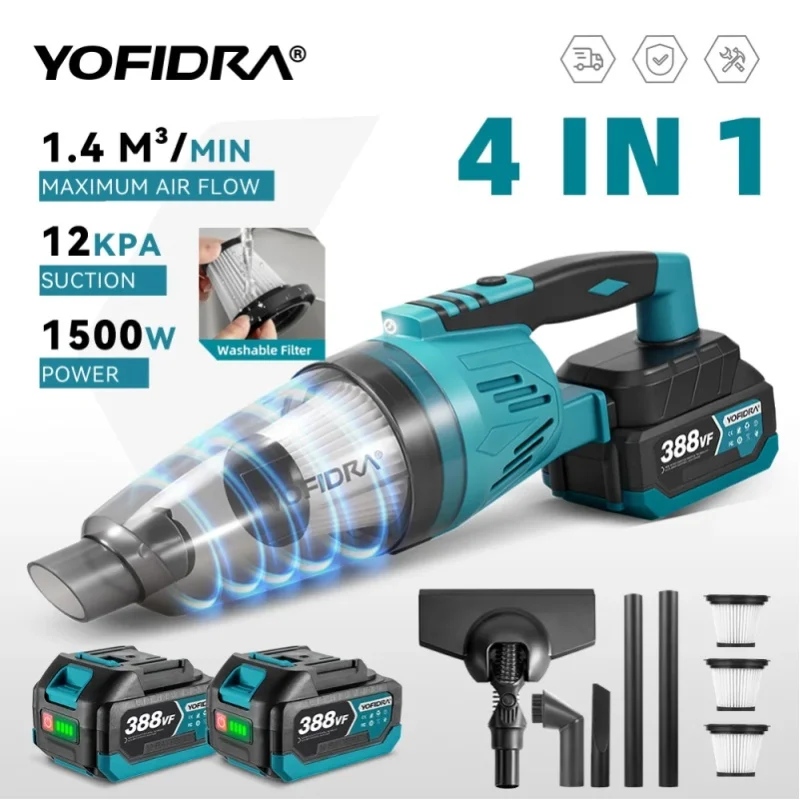 YOFIDRA 1500W 4-in-1 Elektrischer Staubsauger 12KPA Kabelloser Staubsauger für Haus- und Autoreinigung mit 3 Filtern für Makita-Akku