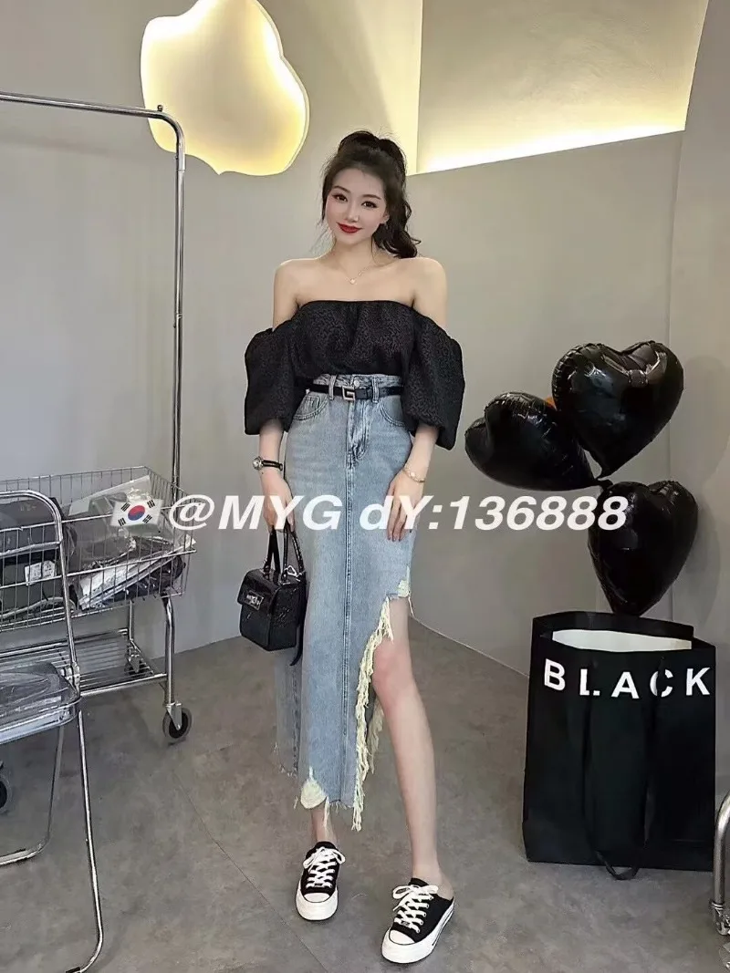 

Shpmishal Korean Fashion Solid Color Shirt Women's Summer New Pure Desire One Shoulder Bubble Sleeve Short Jacquard Shirts Top