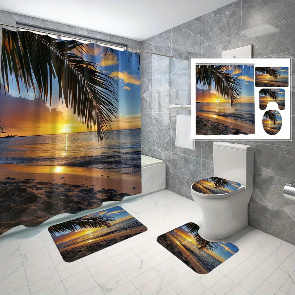

Набор из 4 пляжных занавесок для душа с восходом солнца и 12 крючками — водостойкий полиэстер, декор для ванны с цифровым принтом тропического морского пейзажа,