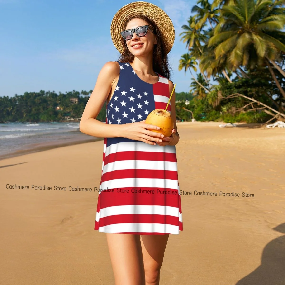 Robes d'été pour femmes, t-shirt de plage, sans manches, drapeau américain, décontracté, ample, débardeur, 2025