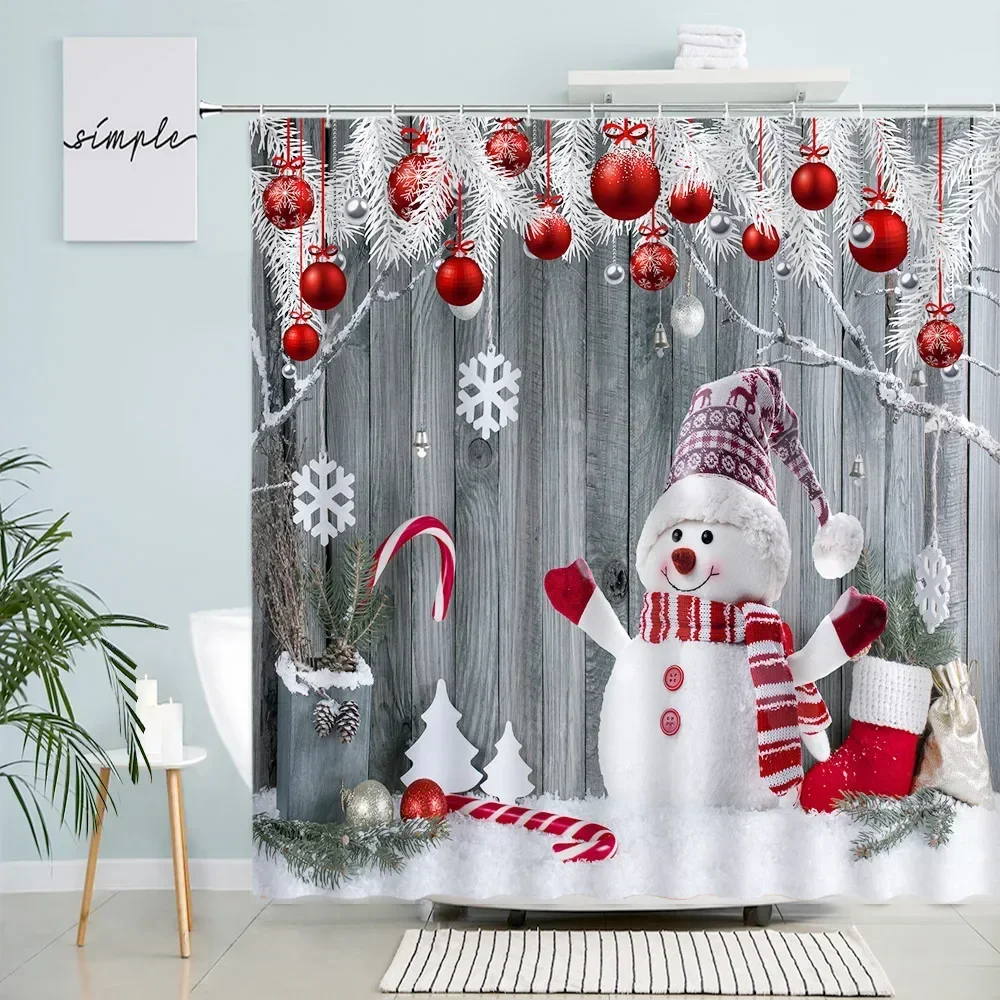 Cute Snowman Christmas Shower Curtains Snowflake Elk Bird Cedar Gift Winter Scenery Blue New Year Xmas Fabric Bathroom Decor Set