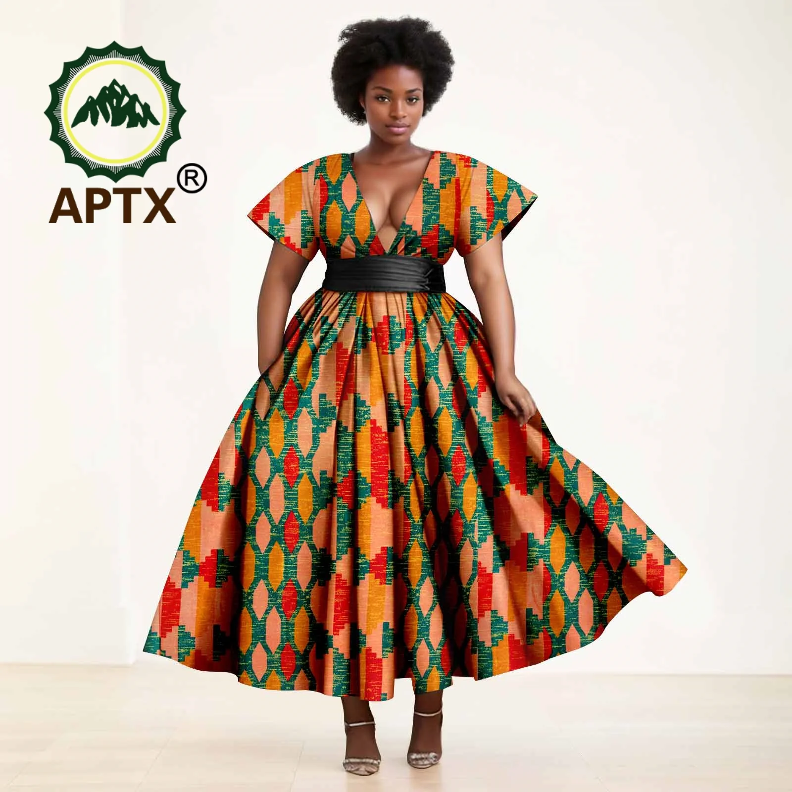 여성용 아프리카 드레스 앙카라 프린트 반팔 V넥, 벨트와 발목 원피스, 캐주얼 파티 웨딩 드레스