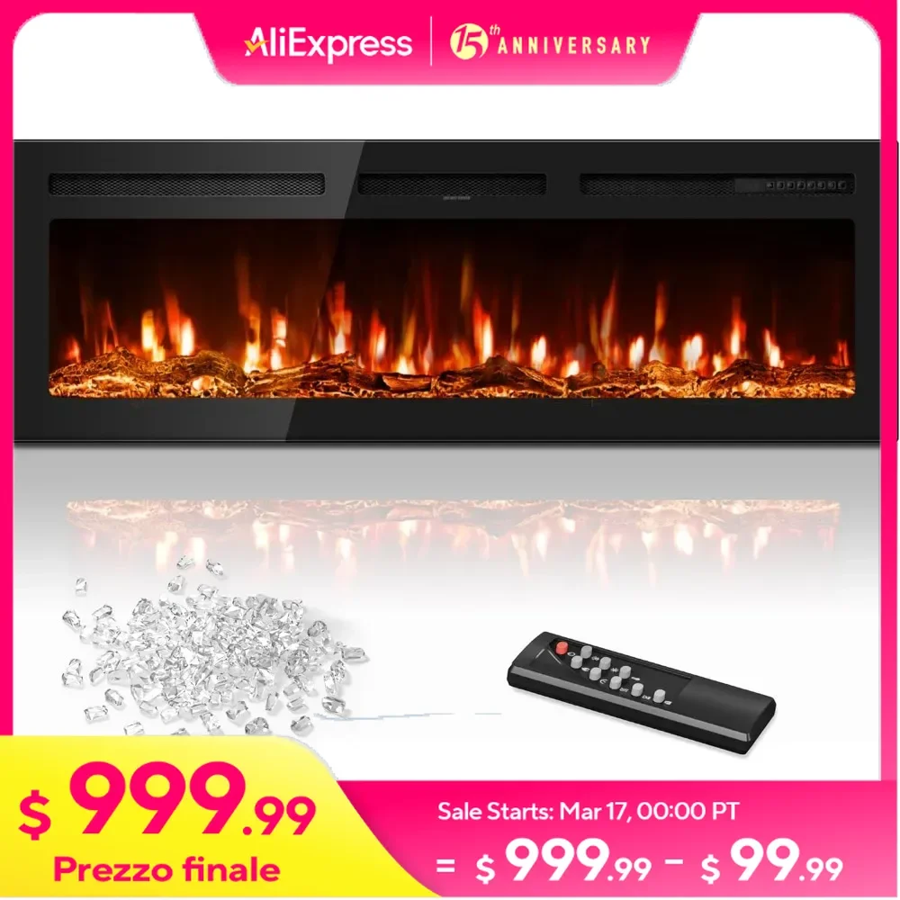 60 inch Electric Fireplace, 1500/750W Fireplace Heater (60-99°F Thermostat) with 12 Adjustable Color, Timer, Log and Crystal