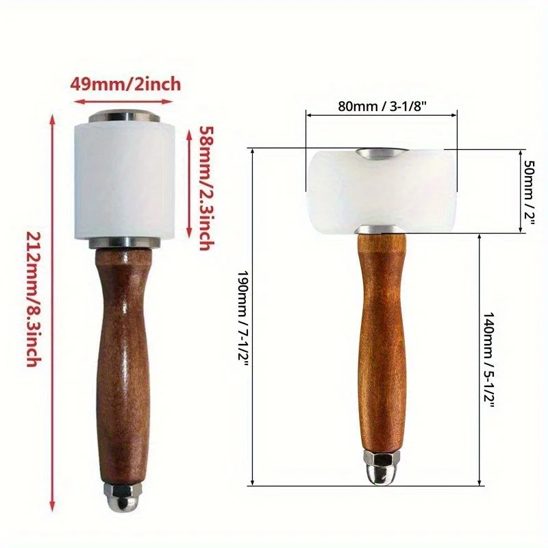 1/2Pcs Professional Leathercraft Hammers Nylon Mallets with Wooden Handles for Punching Printing DIY Projects Working Tools