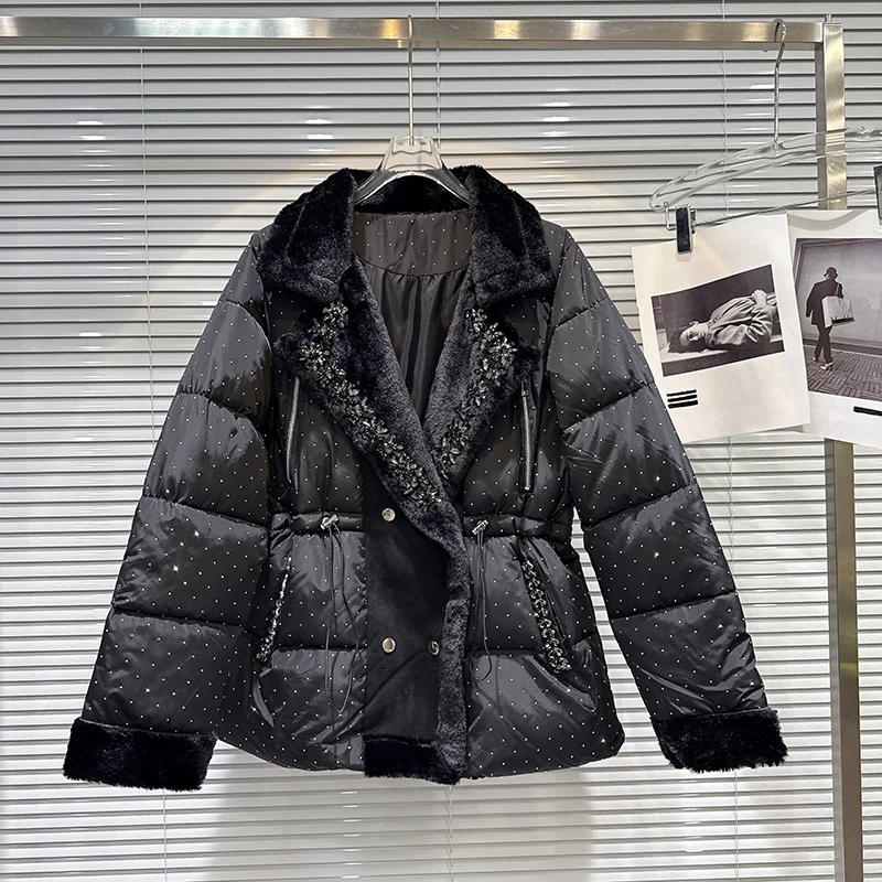 

Winter Lapel Diamond Fleece Cotton Padded Jacket Female Waist Drawstring Down Jacket Women Thicken Warm Button Casual Outwears